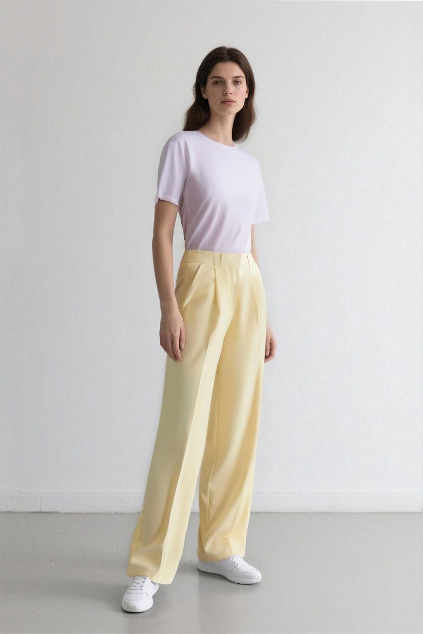 FEMME Jaune Clair Pantalon large taille haute en Tencel avec poches Afra x Defacto