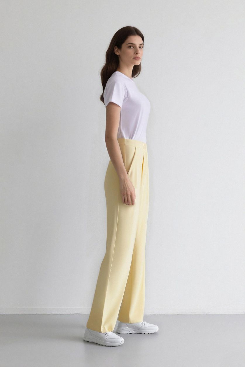 FEMME Jaune Clair Pantalon large taille haute en Tencel avec poches Afra x Defacto