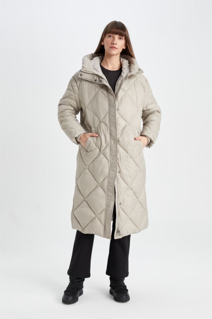 WOMAN Beige Waterproof Quilted Hooded Slim Long Thin Puffer Jacket
