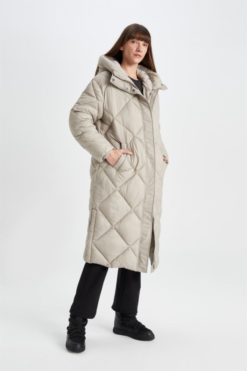 WOMAN Beige Waterproof Quilted Hooded Slim Long Thin Puffer Jacket