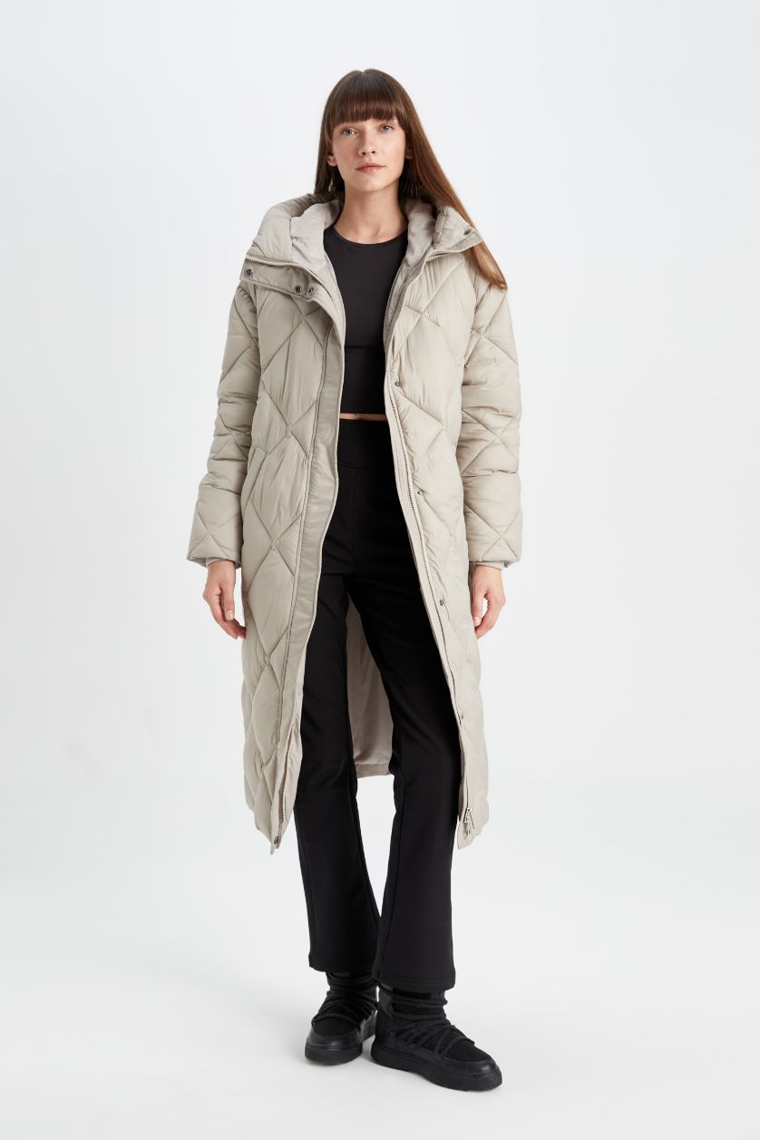 WOMAN Beige Waterproof Quilted Hooded Slim Long Thin Puffer Jacket