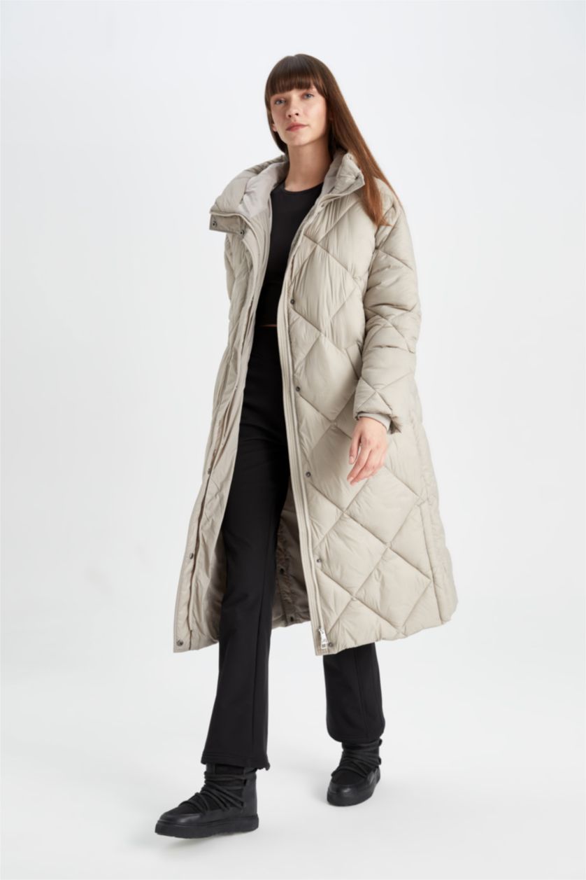 WOMAN Beige Waterproof Quilted Hooded Slim Long Thin Puffer Jacket