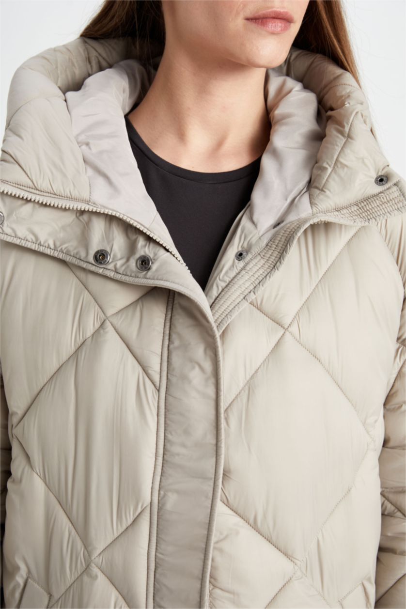 WOMAN Beige Waterproof Quilted Hooded Slim Long Thin Puffer Jacket