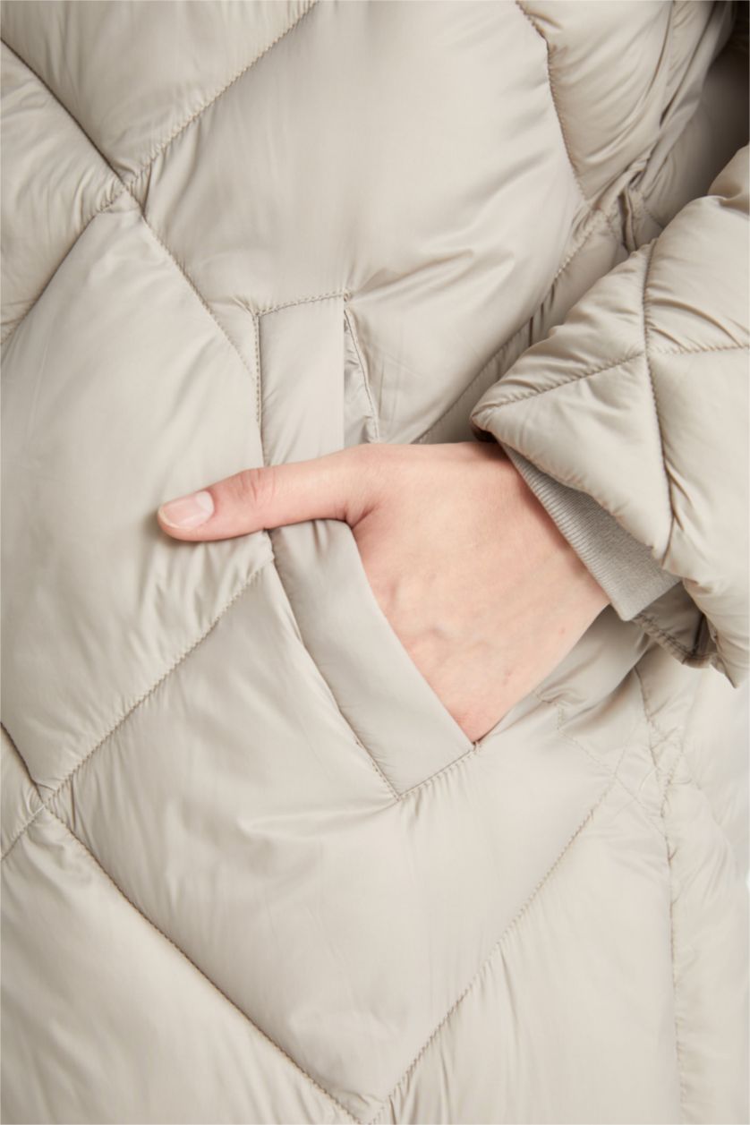 WOMAN Beige Waterproof Quilted Hooded Slim Long Thin Puffer Jacket