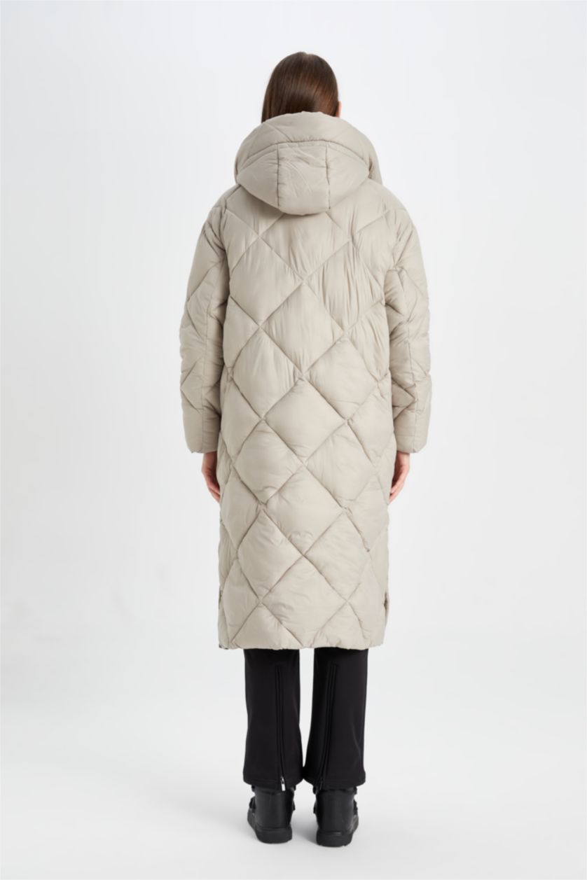 WOMAN Beige Waterproof Quilted Hooded Slim Long Thin Puffer Jacket