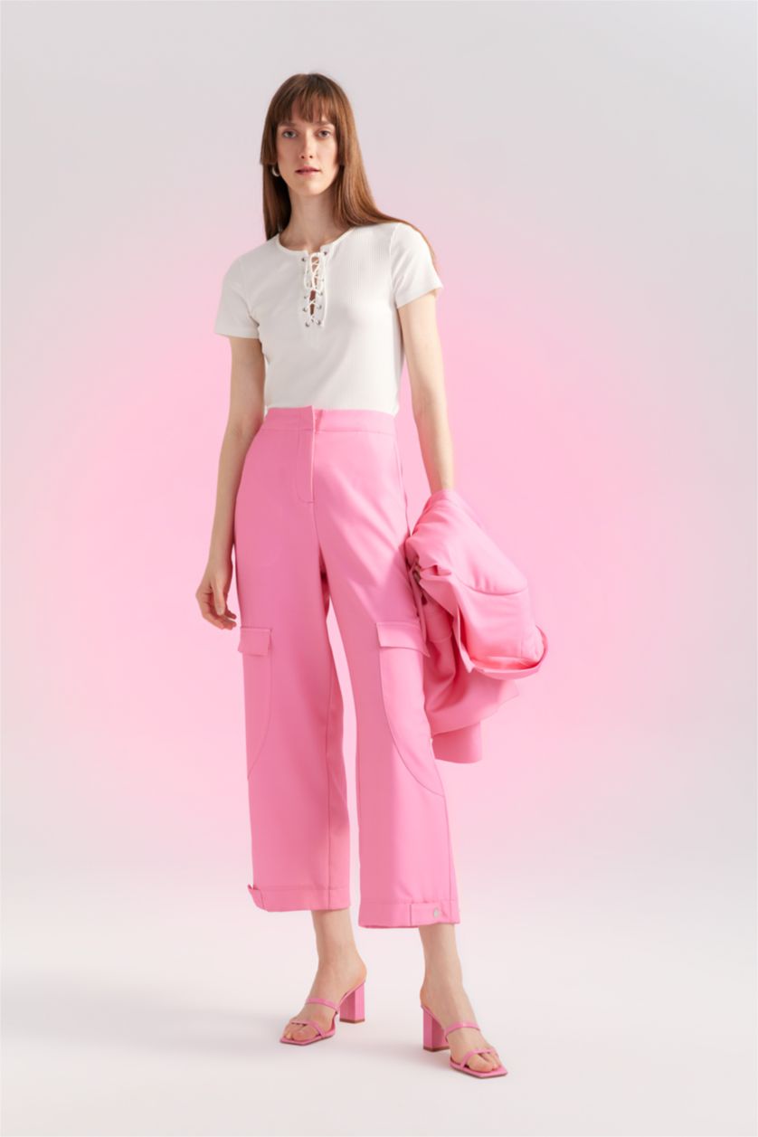 WOMAN Dark Pink Straight Fit Cargo Pocket Normal Waist Long Trousers