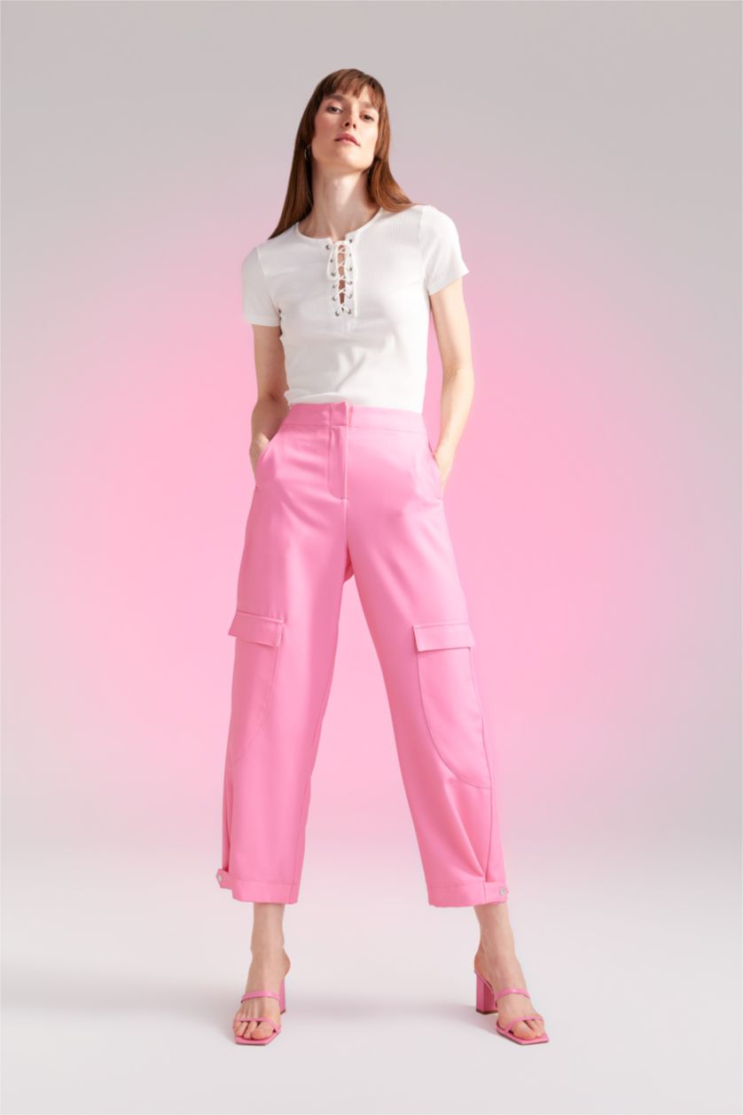 WOMAN Dark Pink Straight Fit Cargo Pocket Normal Waist Long Trousers
