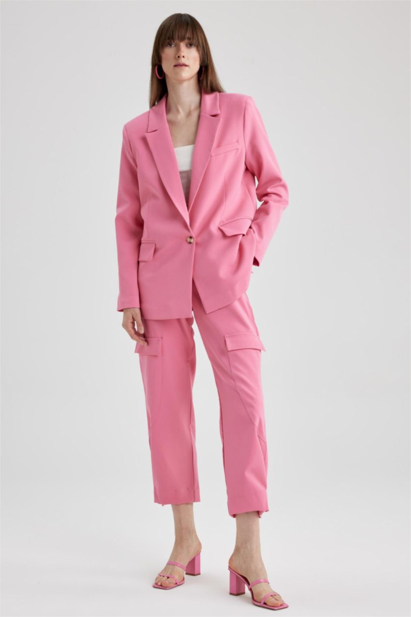 WOMAN Dark Pink Straight Fit Cargo Pocket Normal Waist Long Trousers