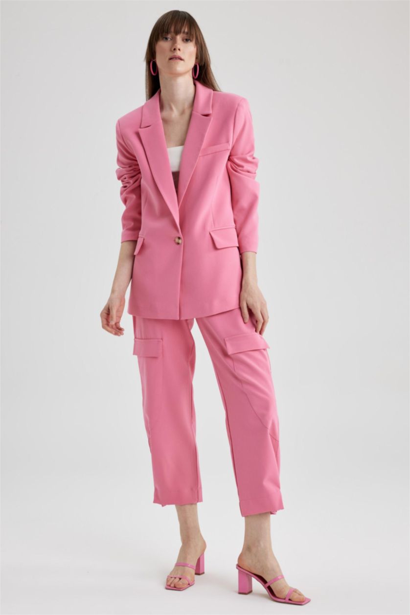 WOMAN Dark Pink Straight Fit Cargo Pocket Normal Waist Long Trousers