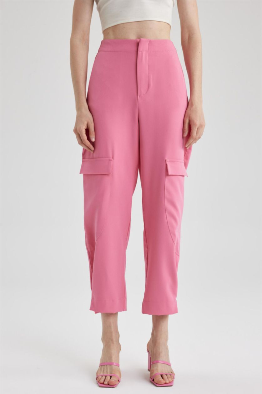 WOMAN Dark Pink Straight Fit Cargo Pocket Normal Waist Long Trousers