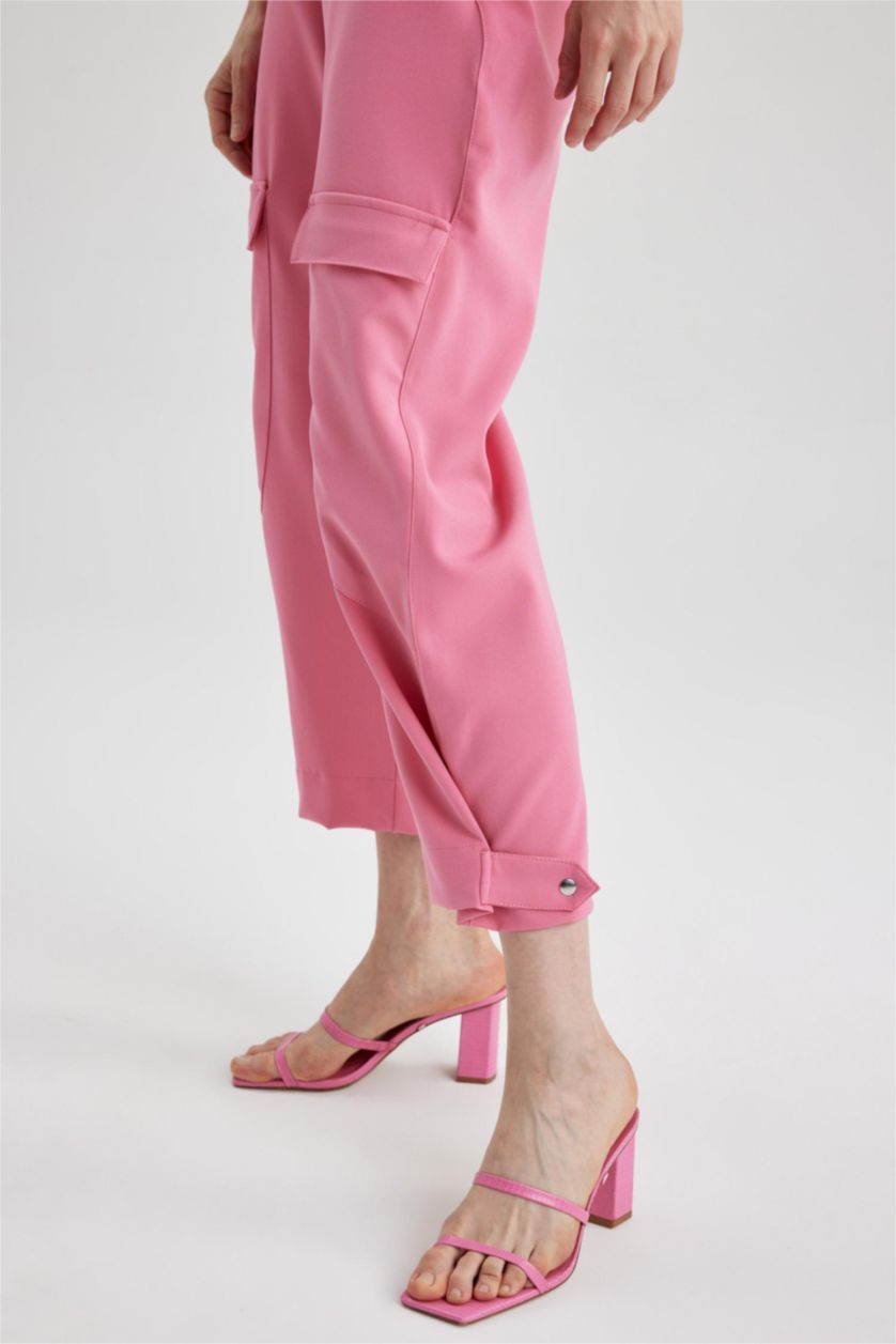 WOMAN Dark Pink Straight Fit Cargo Pocket Normal Waist Long Trousers