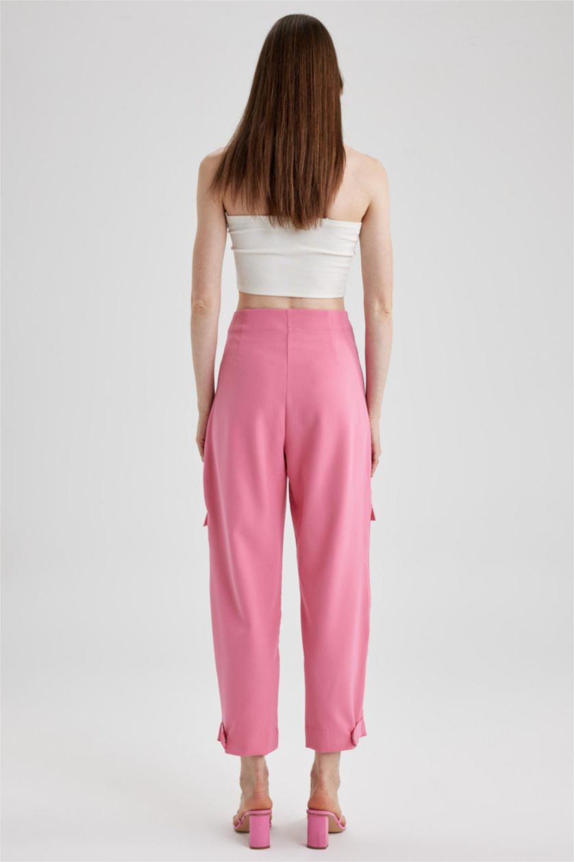 WOMAN Dark Pink Straight Fit Cargo Pocket Normal Waist Long Trousers