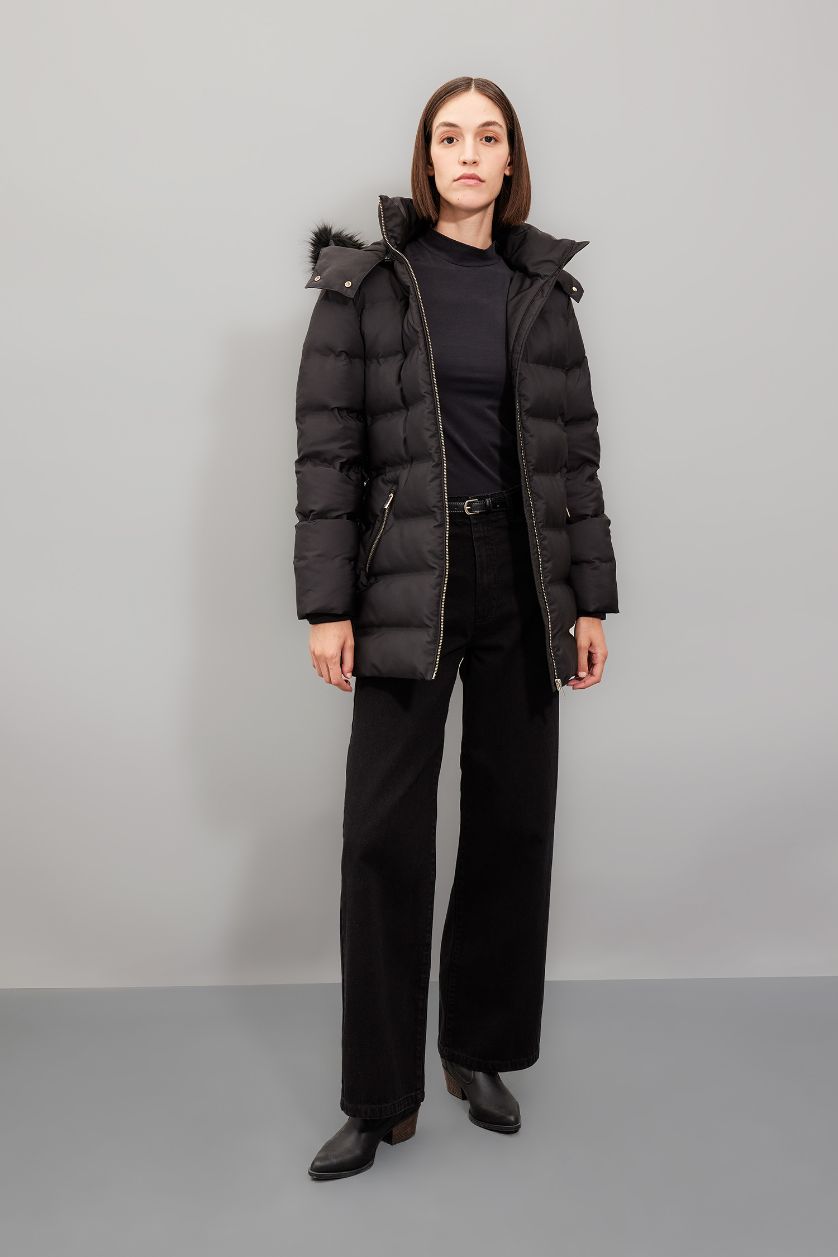 Kadın Siyah Su Geçirmez Uzun Mont Parka Isı Yalıtımlı Kemerli Kapüşonlu Suni Kürklü Hafif