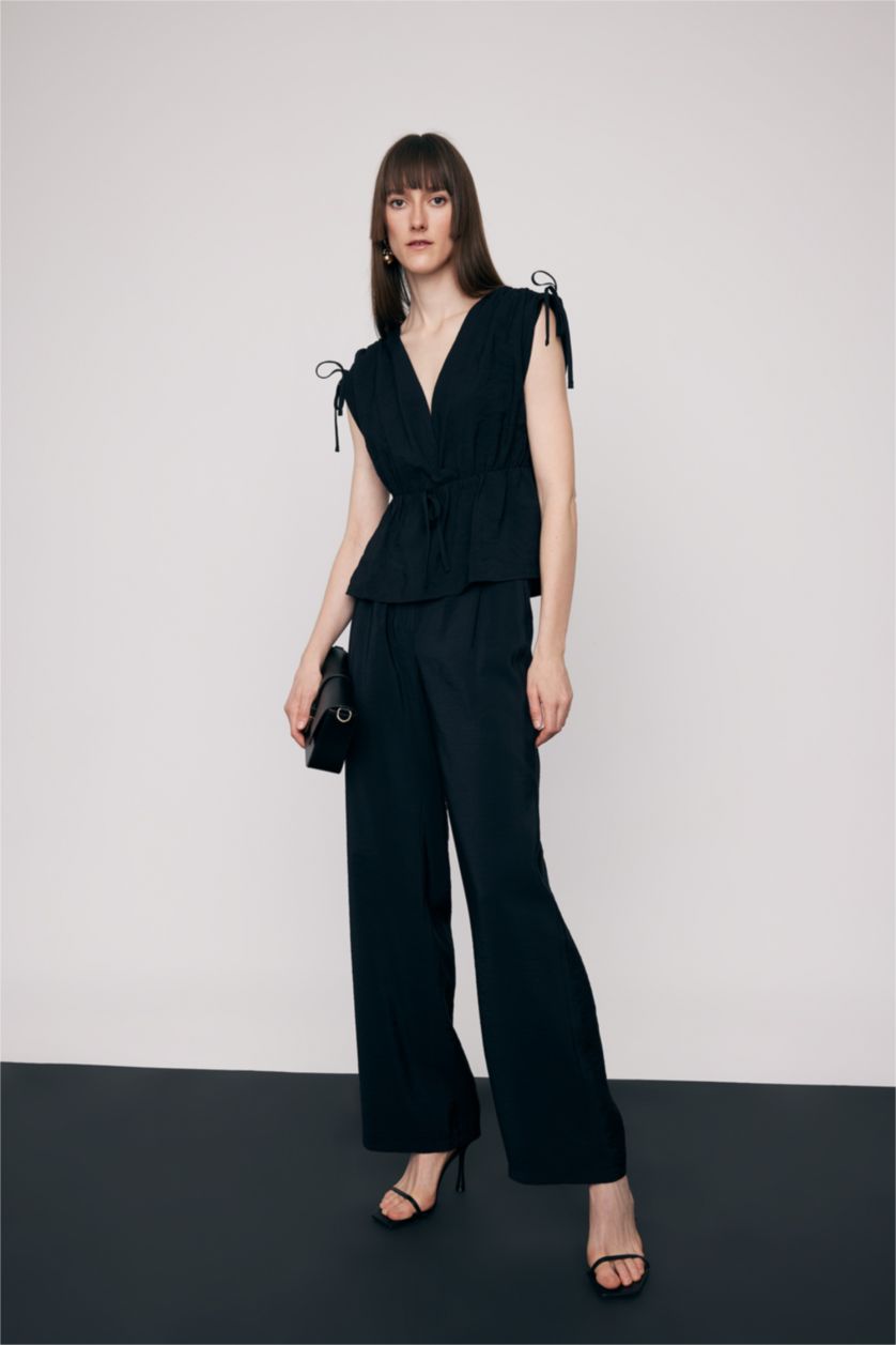 FEMME Noir Pantalon large Modal Taille Haute