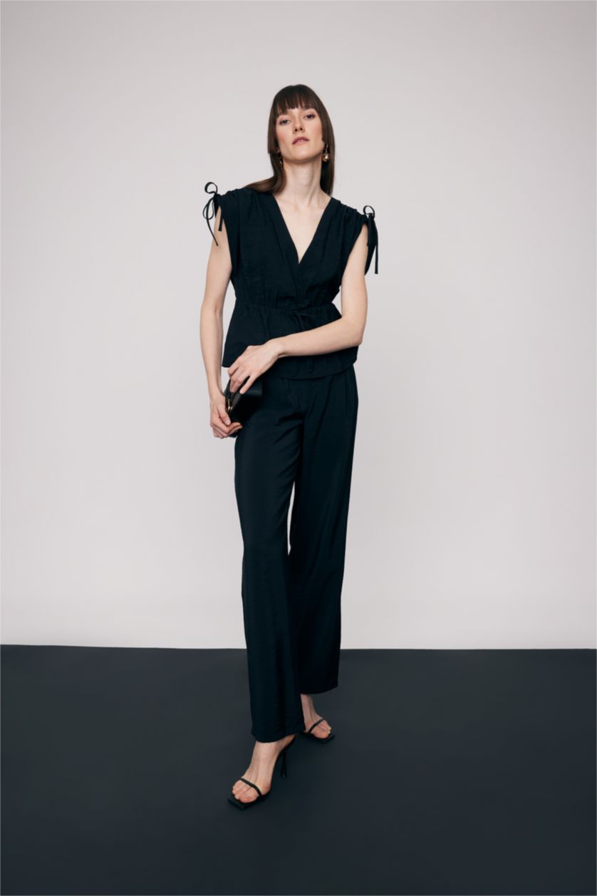 FEMME Noir Pantalon large Modal Taille Haute