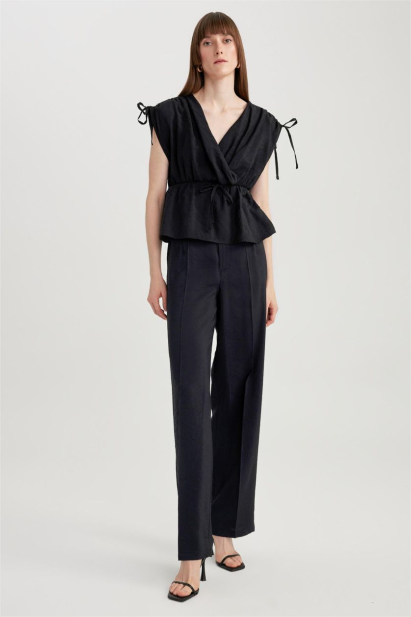 FEMME Noir Pantalon large Modal Taille Haute