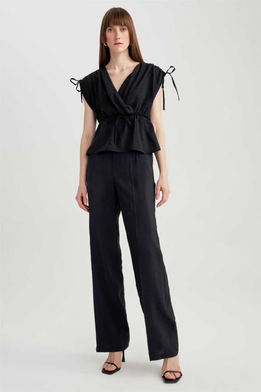 FEMME Noir Pantalon large Modal Taille Haute