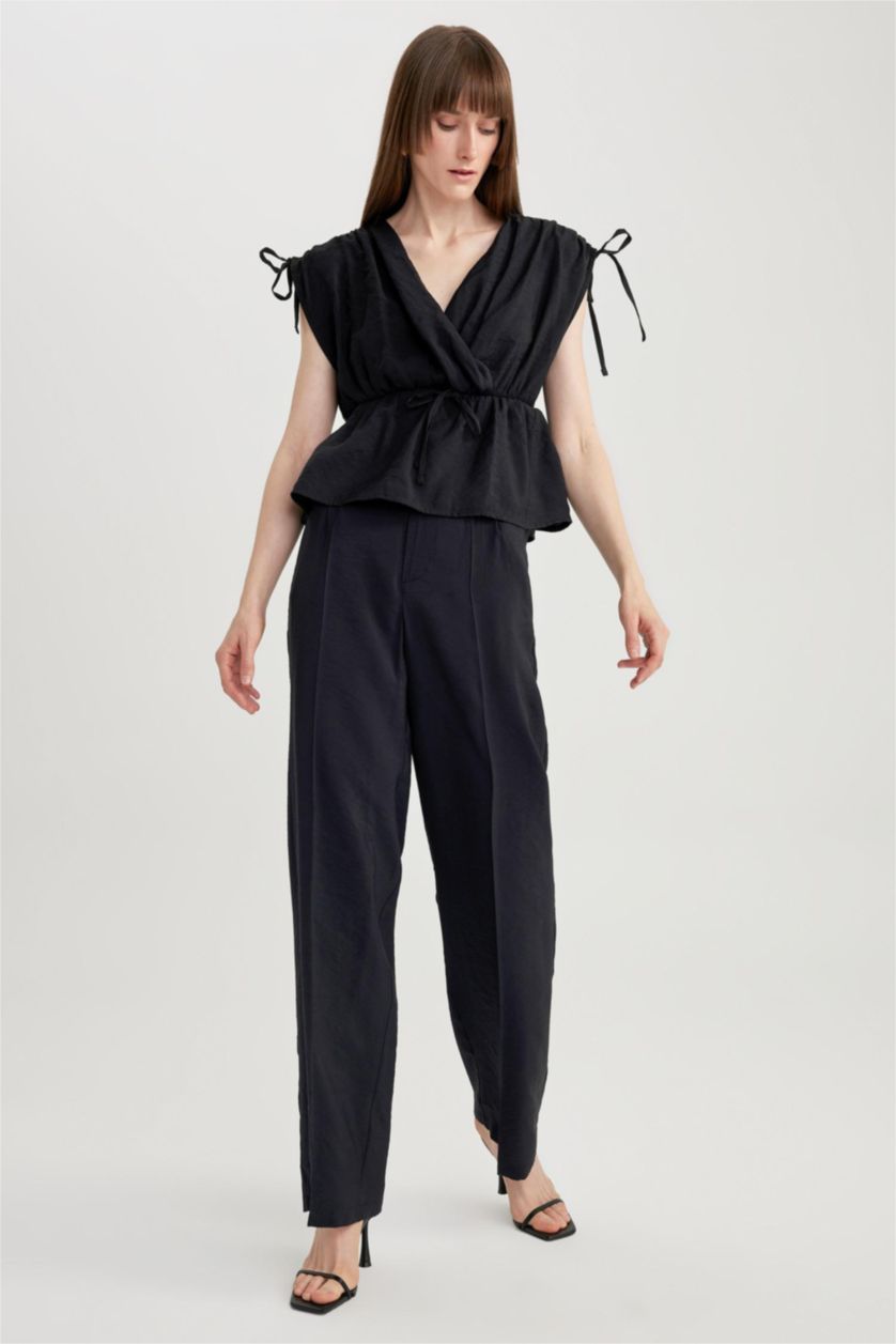 FEMME Noir Pantalon large Modal Taille Haute