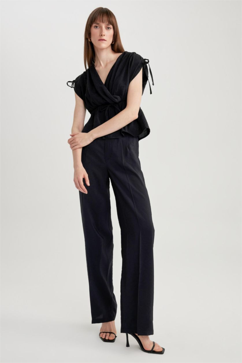 FEMME Noir Pantalon large Modal Taille Haute