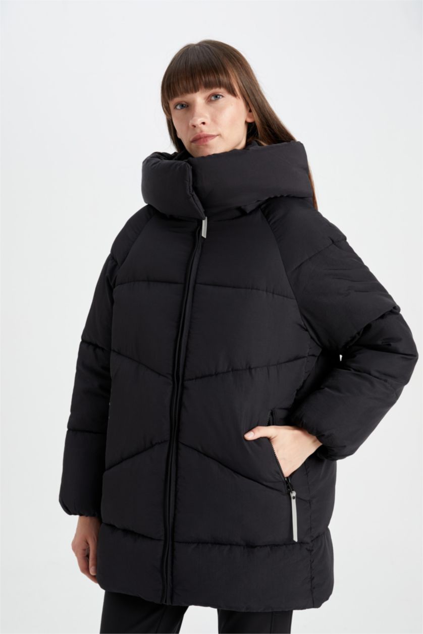 Женщины Черный Дутая куртка водоотталкивающая сохраняет тепло оверсайз с капюшоном