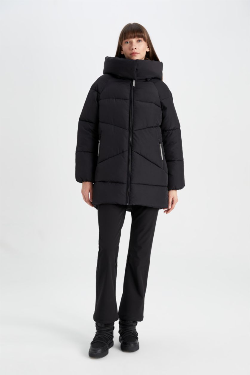 Женщины Черный Дутая куртка водоотталкивающая сохраняет тепло оверсайз с капюшоном