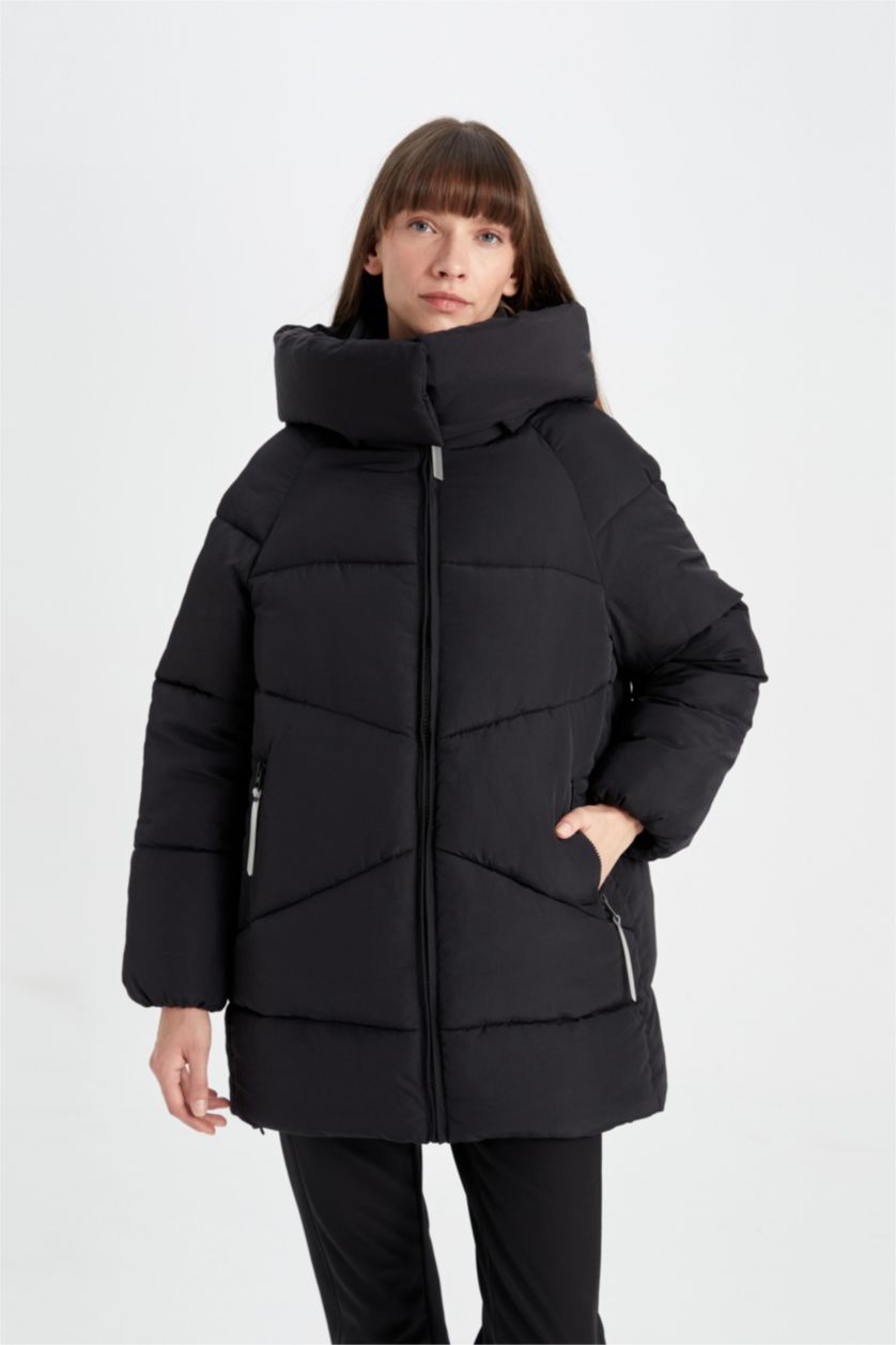 Женщины Черный Дутая куртка водоотталкивающая сохраняет тепло оверсайз с капюшоном