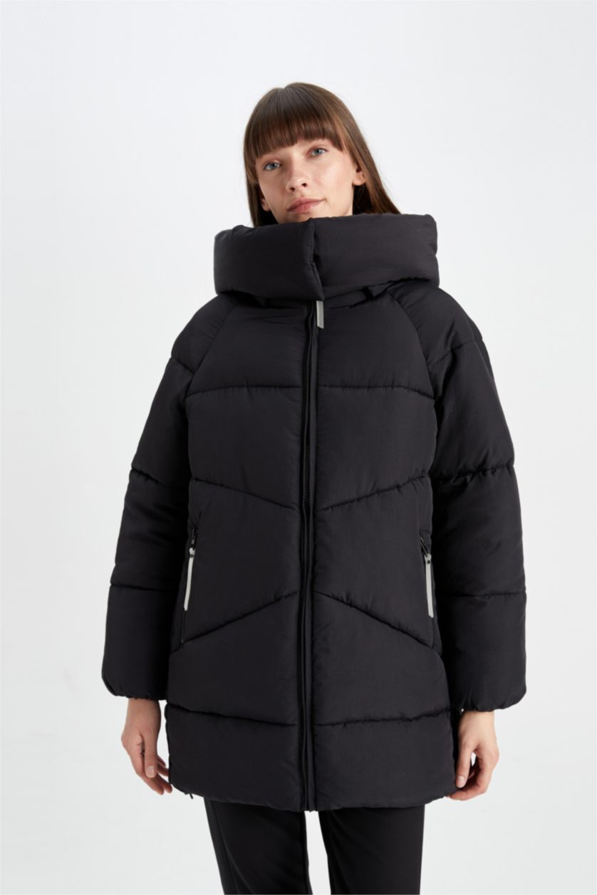 Женщины Черный Дутая куртка водоотталкивающая сохраняет тепло оверсайз с капюшоном