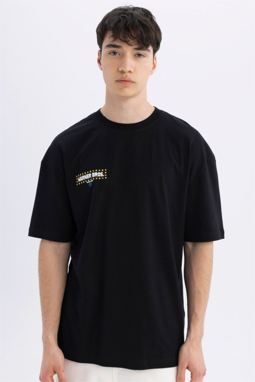 رجالي أسود تيشيرت نص كم قصة مريحة بطبعة من وارنر بروس