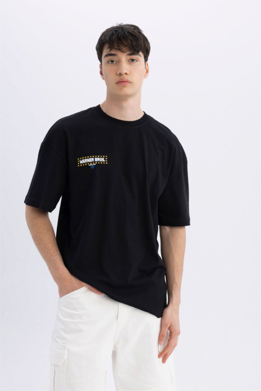 رجالي أسود تيشيرت نص كم قصة مريحة بطبعة من وارنر بروس
