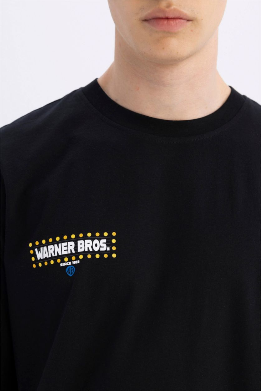 رجالي أسود تيشيرت نص كم قصة مريحة بطبعة من وارنر بروس
