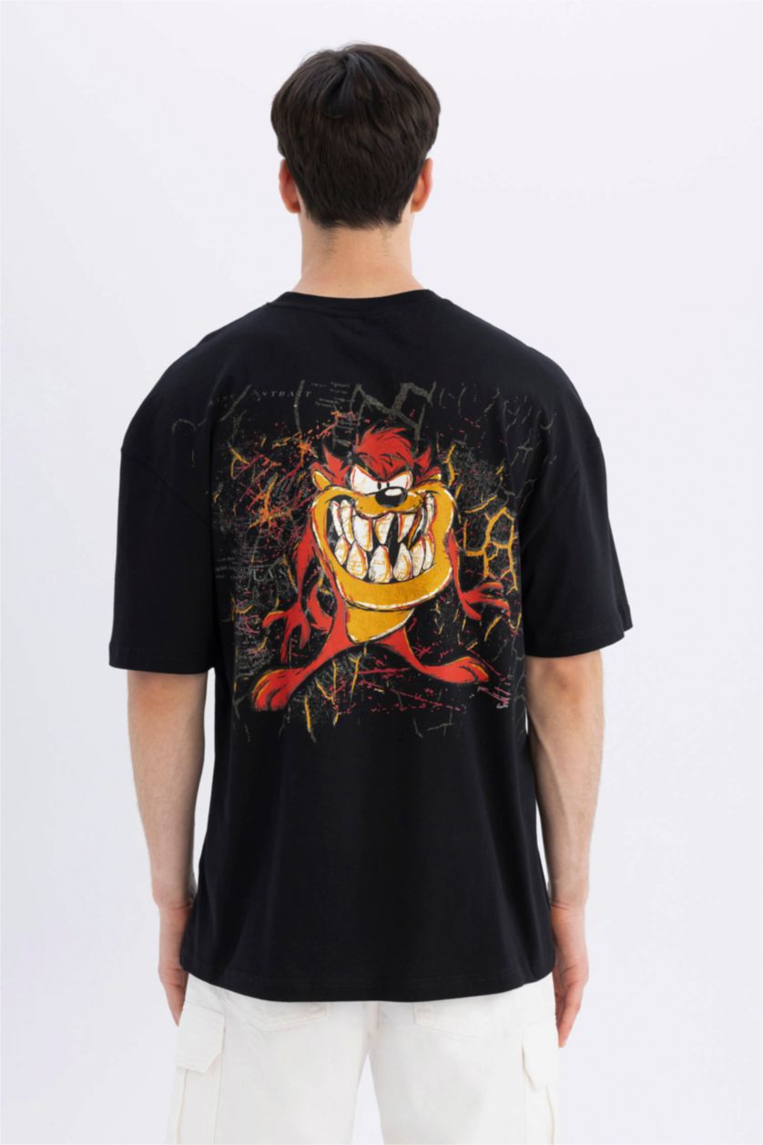 رجالي أسود تيشيرت نص كم قصة مريحة بطبعة من وارنر بروس