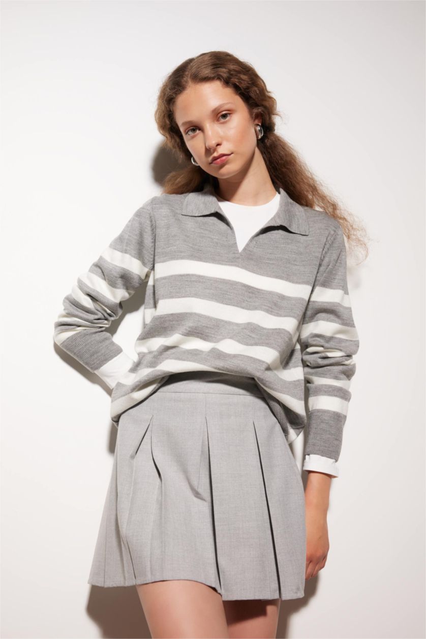 Kadın Açık Gri Regular Fıt Triko Kazak