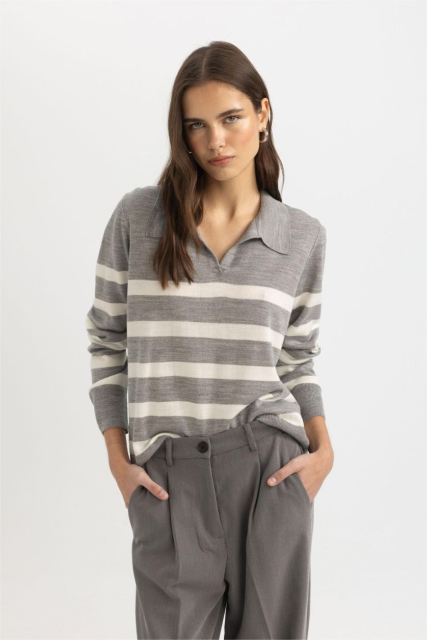 Kadın Açık Gri Regular Fıt Triko Kazak