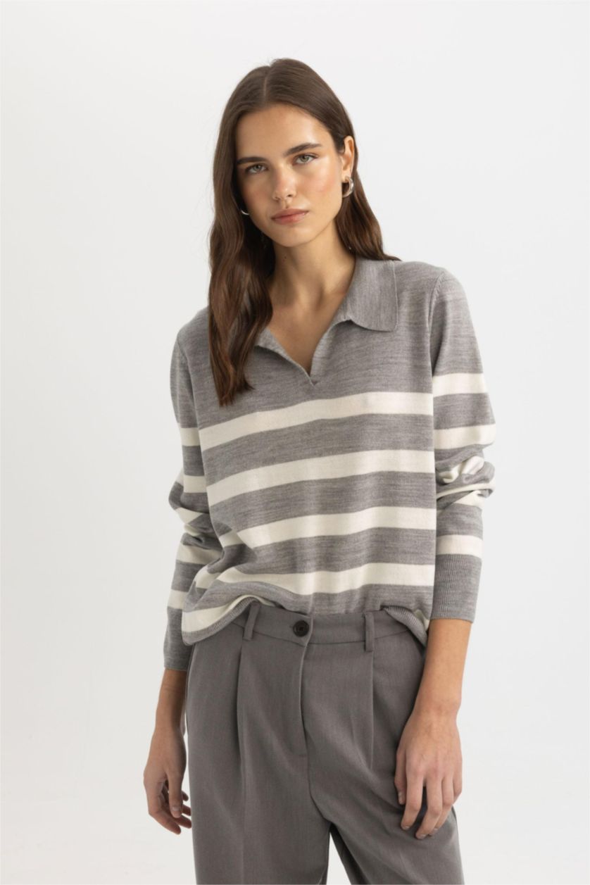 Kadın Açık Gri Regular Fıt Triko Kazak