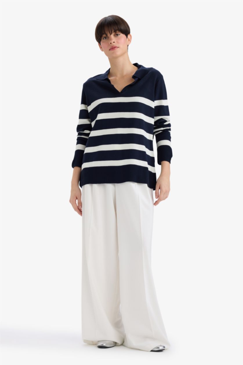 Kadın Lacivert Regular Fit Polo Yaka Çizgili Triko Kazak