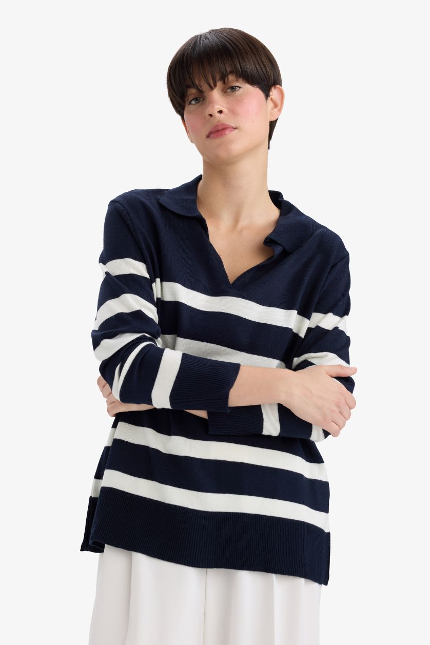 Kadın Lacivert Regular Fit Polo Yaka Çizgili Triko Kazak