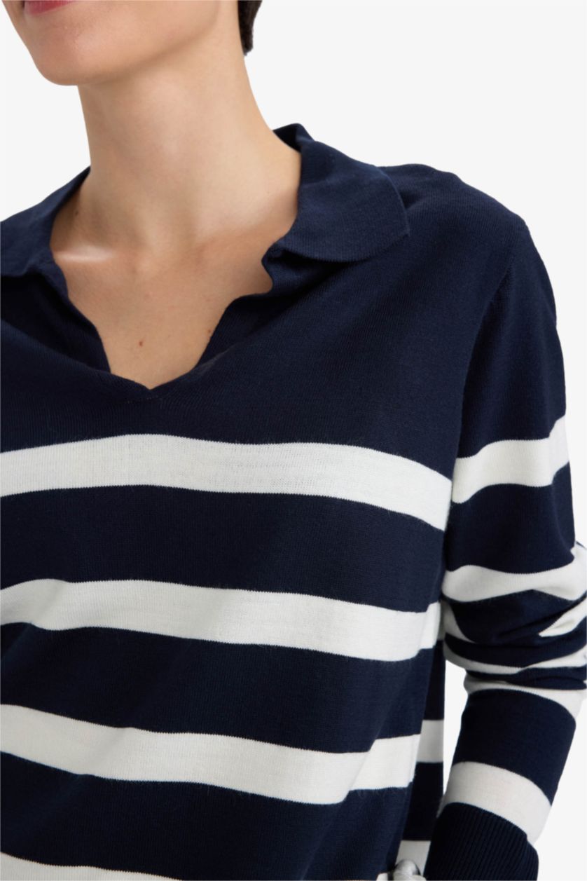 Kadın Lacivert Regular Fit Polo Yaka Çizgili Triko Kazak