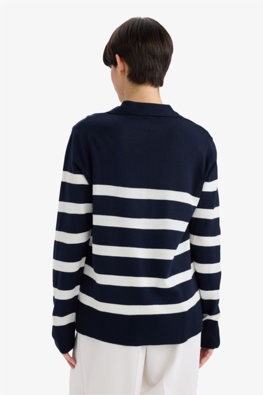 Kadın Lacivert Regular Fit Polo Yaka Çizgili Triko Kazak