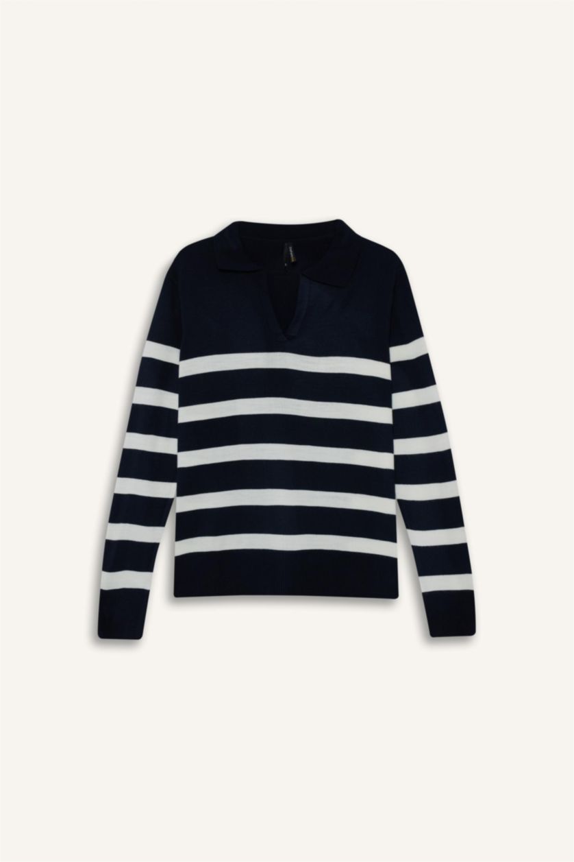 Kadın Lacivert Regular Fit Polo Yaka Çizgili Triko Kazak