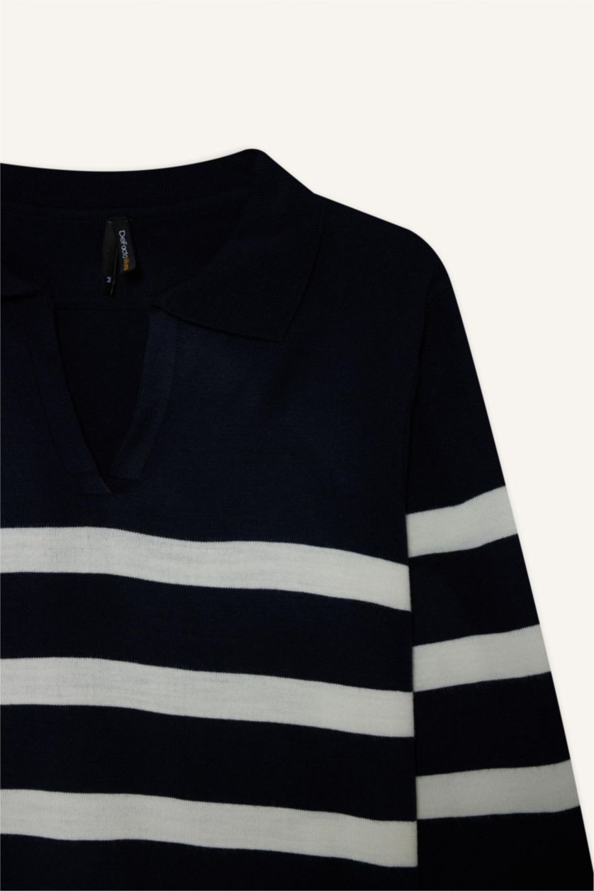 Kadın Lacivert Regular Fit Polo Yaka Çizgili Triko Kazak