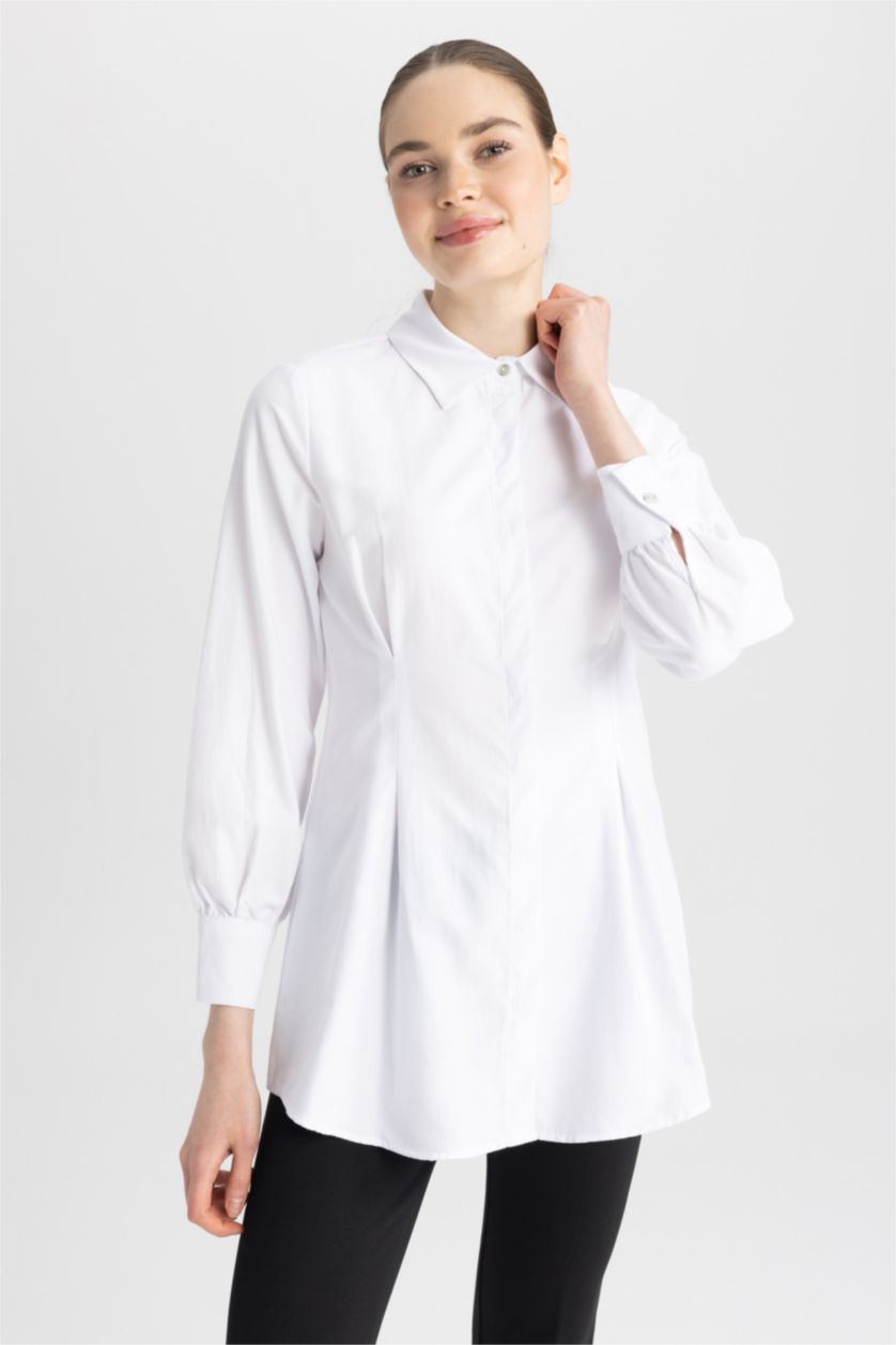FEMME Blanc Tunique À Manches Longues Popeline Coupe Régulière Col De Chemise