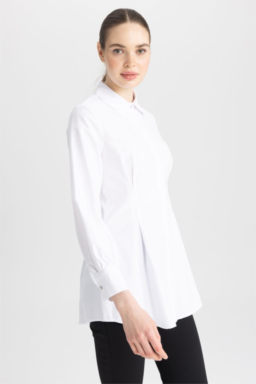 FEMME Blanc Tunique À Manches Longues Popeline Coupe Régulière Col De Chemise
