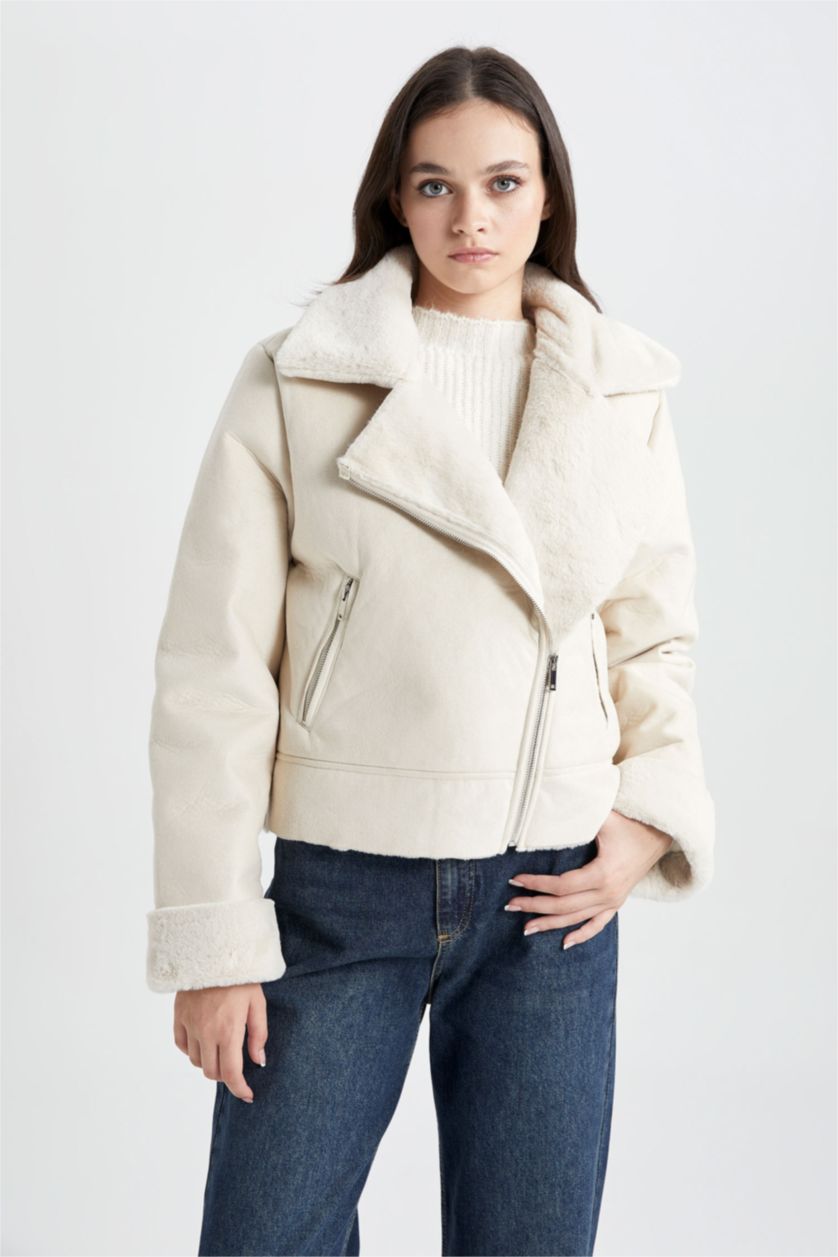 نساء اللون الرملي جاكيت جلد صناعي قصة مريحة مبطن بفرو إصطناعي مقاوم للماء