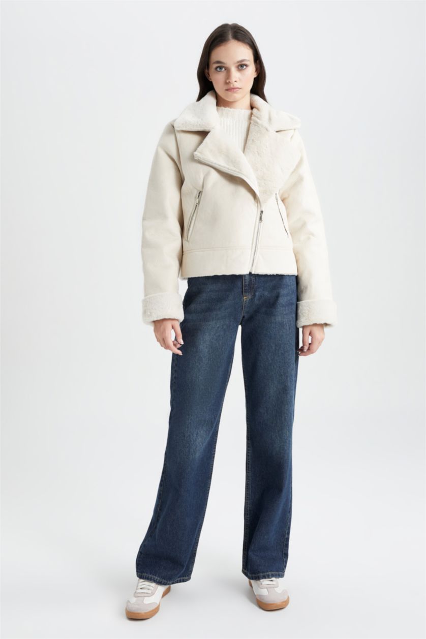 نساء اللون الرملي جاكيت جلد صناعي قصة مريحة مبطن بفرو إصطناعي مقاوم للماء