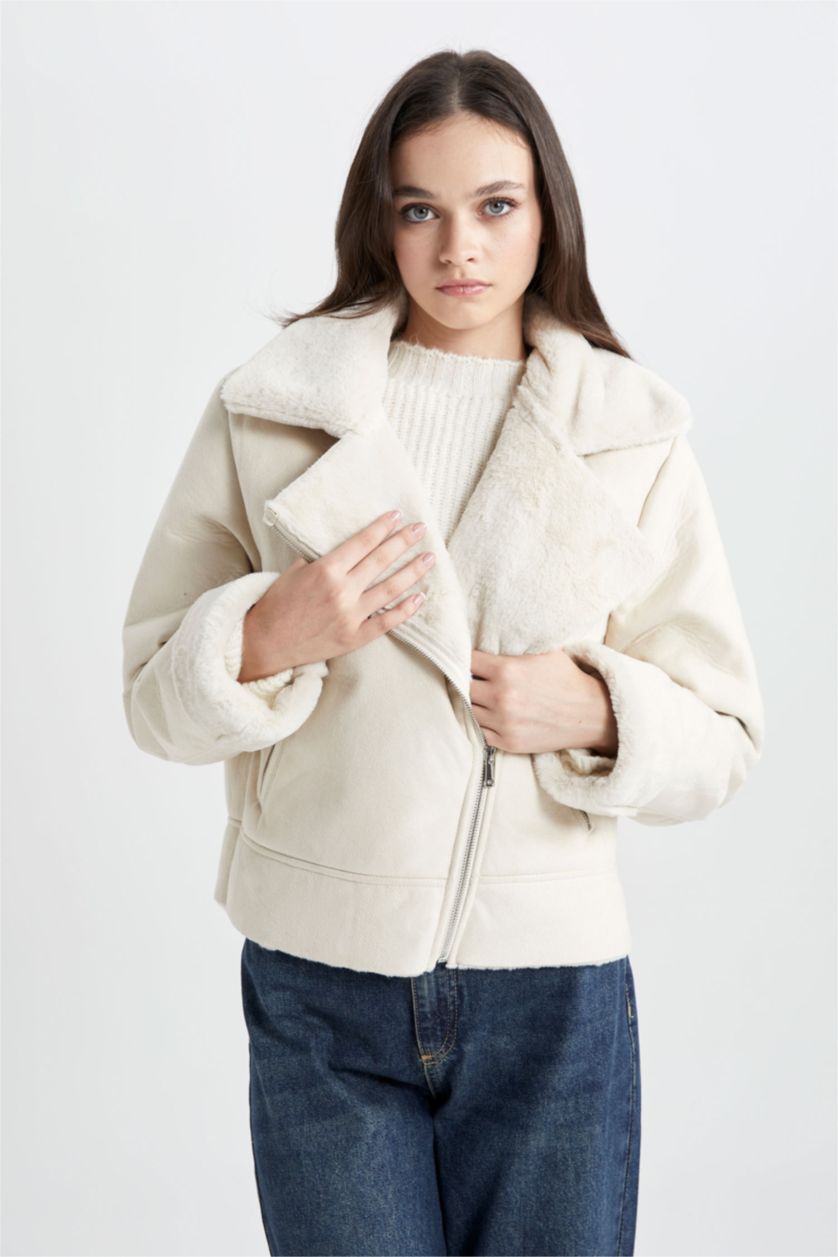 نساء اللون الرملي جاكيت جلد صناعي قصة مريحة مبطن بفرو إصطناعي مقاوم للماء