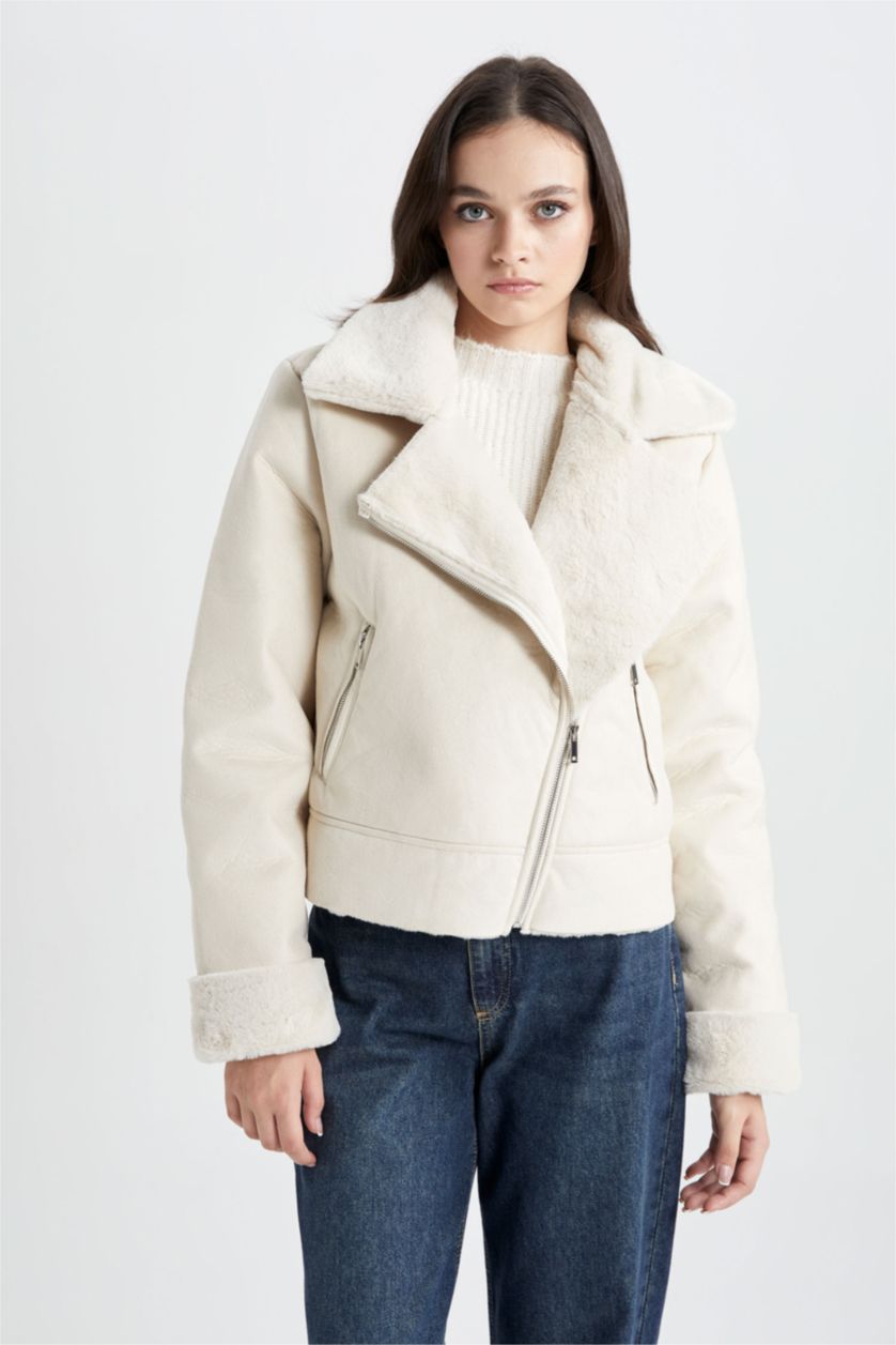 نساء اللون الرملي جاكيت جلد صناعي قصة مريحة مبطن بفرو إصطناعي مقاوم للماء