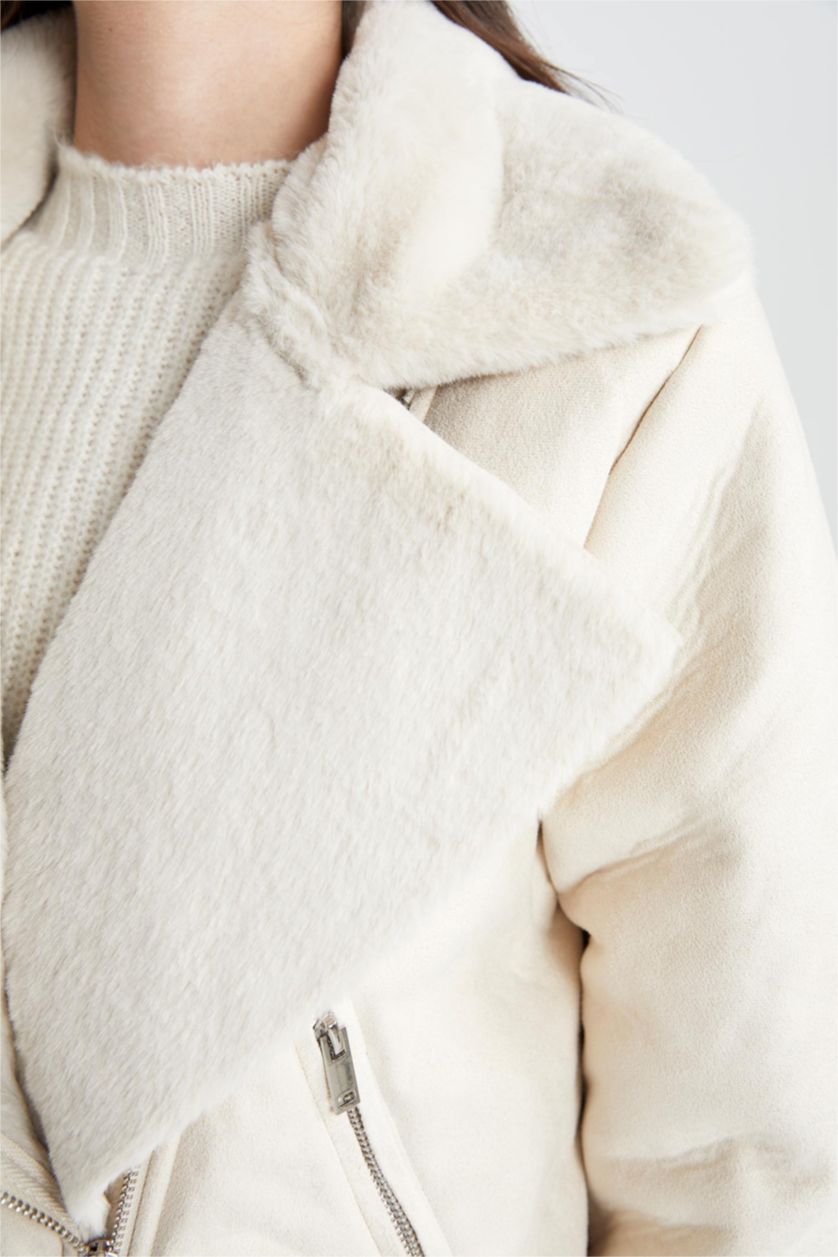 نساء اللون الرملي جاكيت جلد صناعي قصة مريحة مبطن بفرو إصطناعي مقاوم للماء