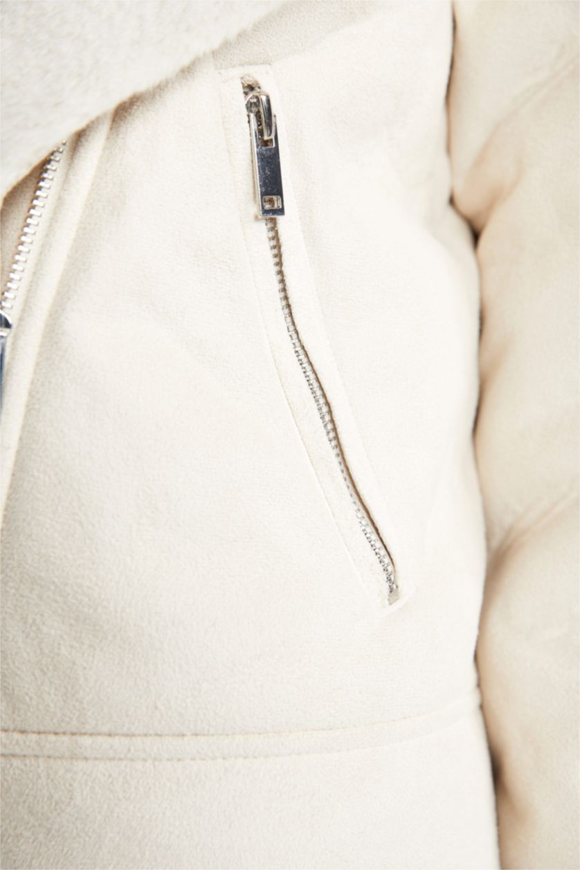 نساء اللون الرملي جاكيت جلد صناعي قصة مريحة مبطن بفرو إصطناعي مقاوم للماء