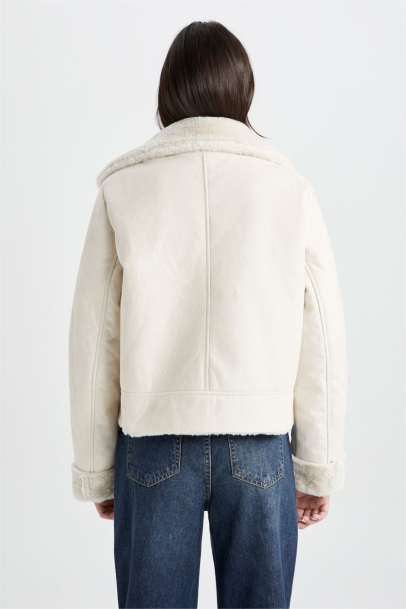 نساء اللون الرملي جاكيت جلد صناعي قصة مريحة مبطن بفرو إصطناعي مقاوم للماء