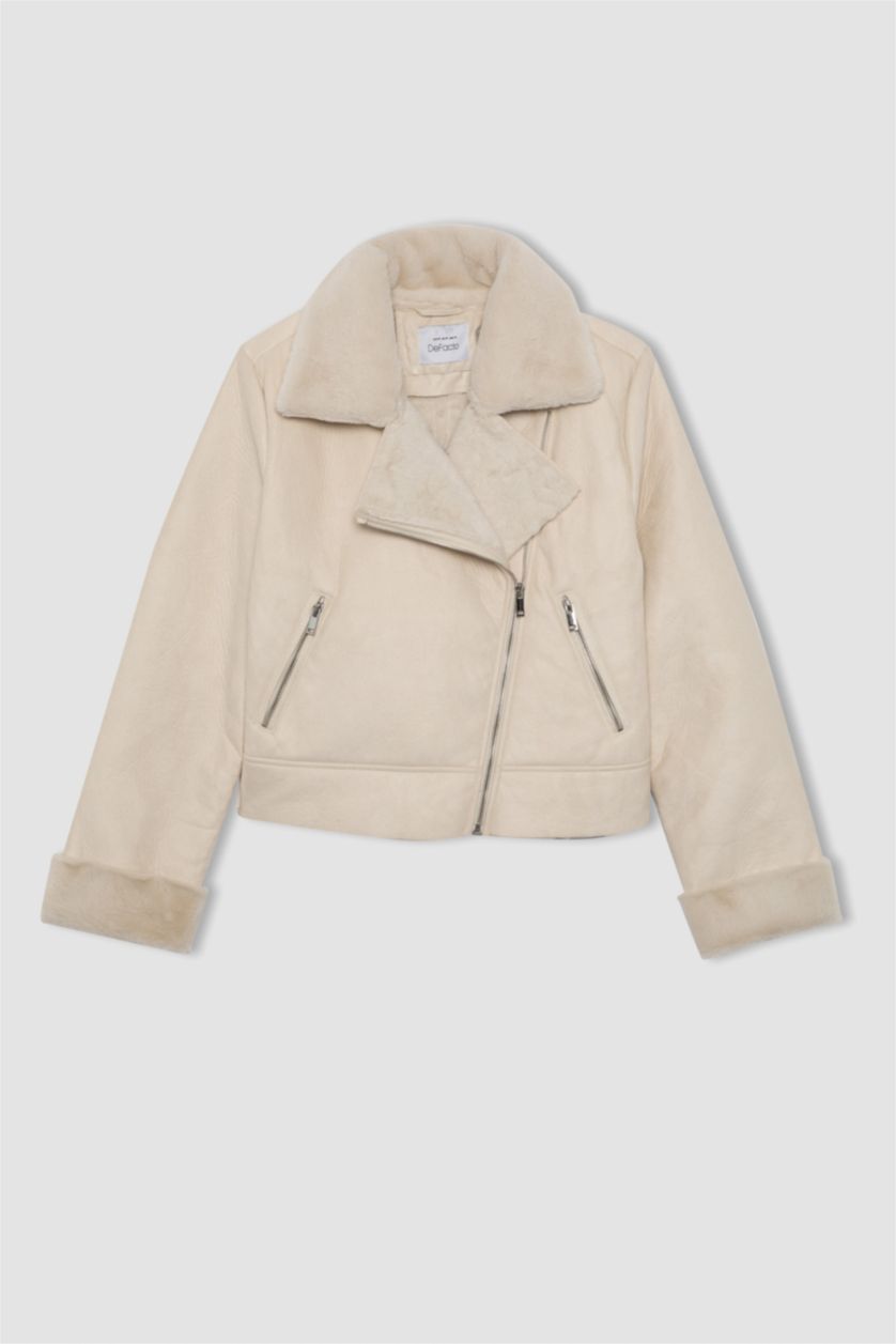 نساء اللون الرملي جاكيت جلد صناعي قصة مريحة مبطن بفرو إصطناعي مقاوم للماء